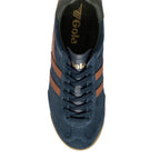 Navy blue suede Gola trainer with brown stripes and laces
