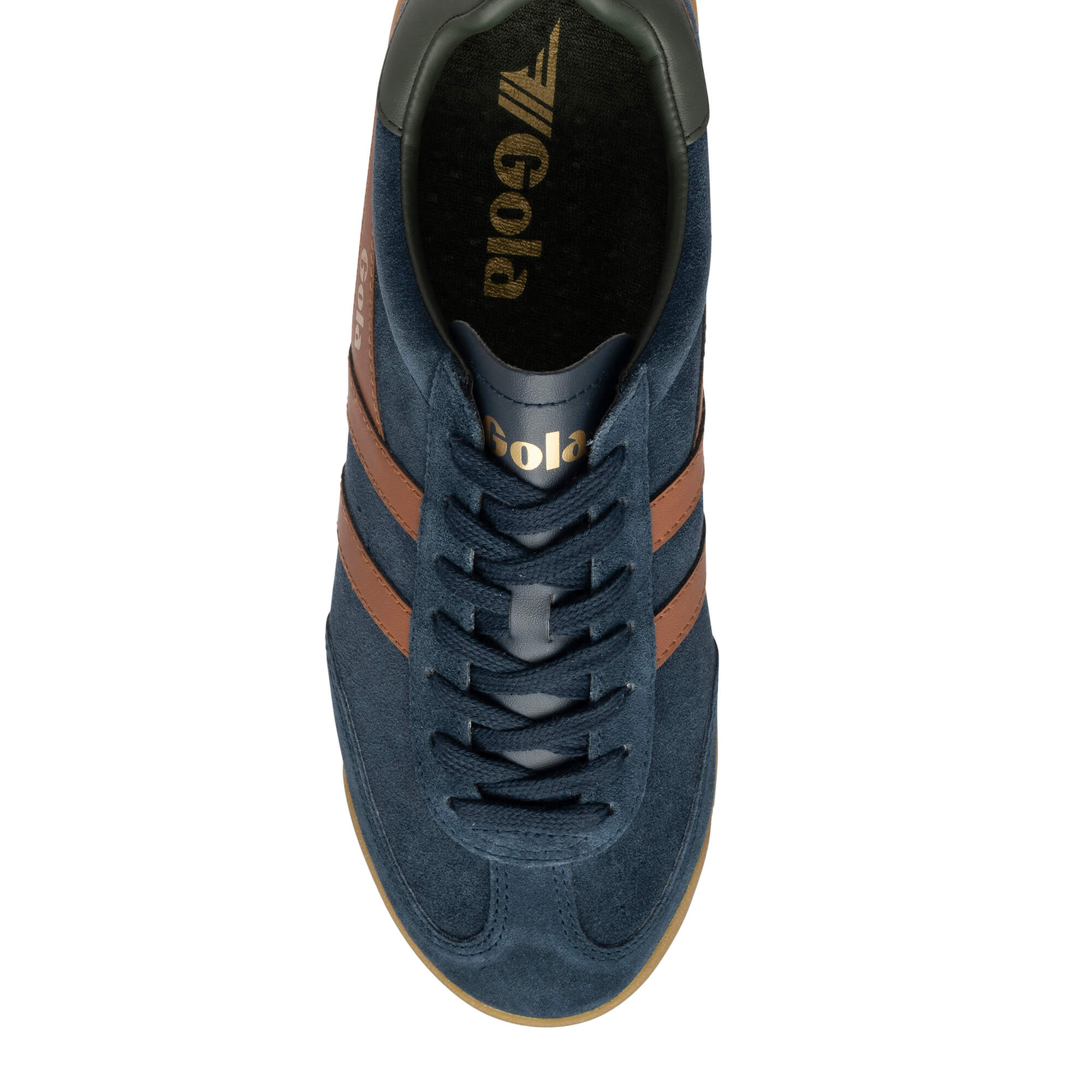 Navy blue suede Gola trainer with brown stripes and laces