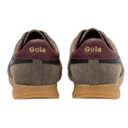 Pair of Gola trainers, rear view, in taupe suede with burgundy heel tabs and gum soles