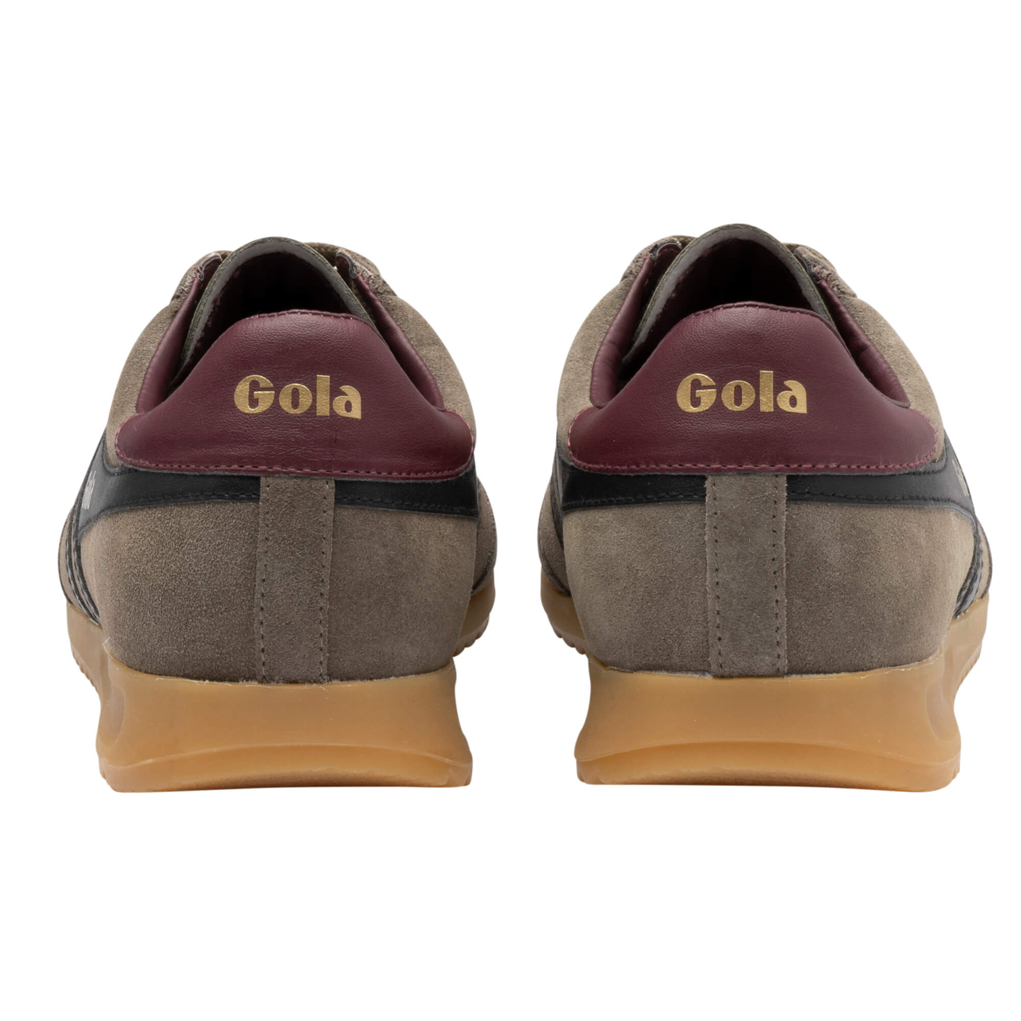 Pair of Gola trainers, rear view, in taupe suede with burgundy heel tabs and gum soles
