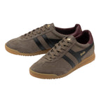 Pair of Gola Harrier trainers in khaki suede with black stripes and gum sole