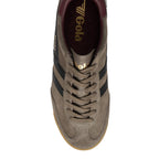 Top-down view of a Gola Harrier trainer in taupe suede with black stripes and a burgundy collar