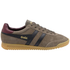 Gola Harrier suede trainers in khaki with black stripes and a burgundy heel tab