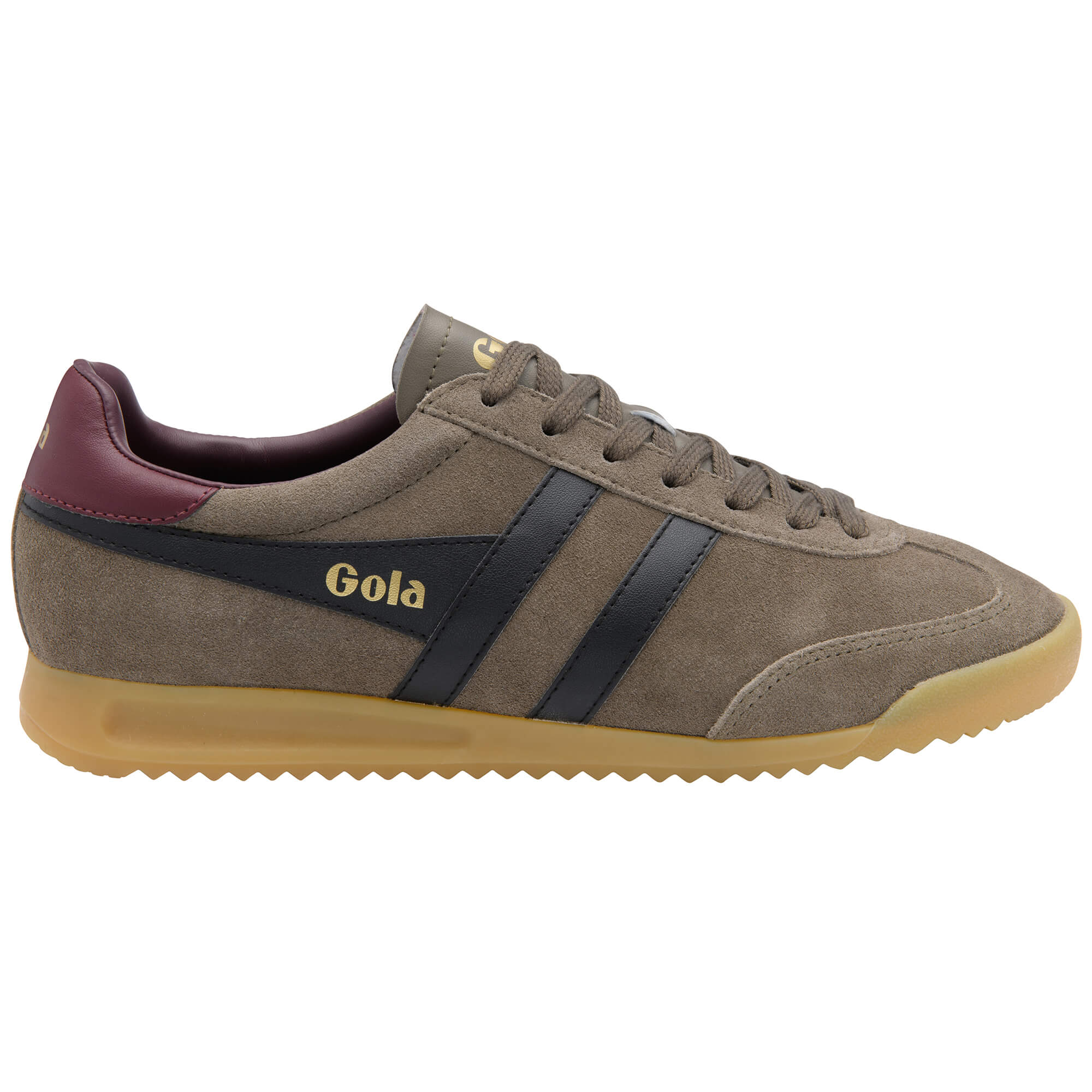 Gola Harrier suede trainers in khaki with black stripes and a burgundy heel tab