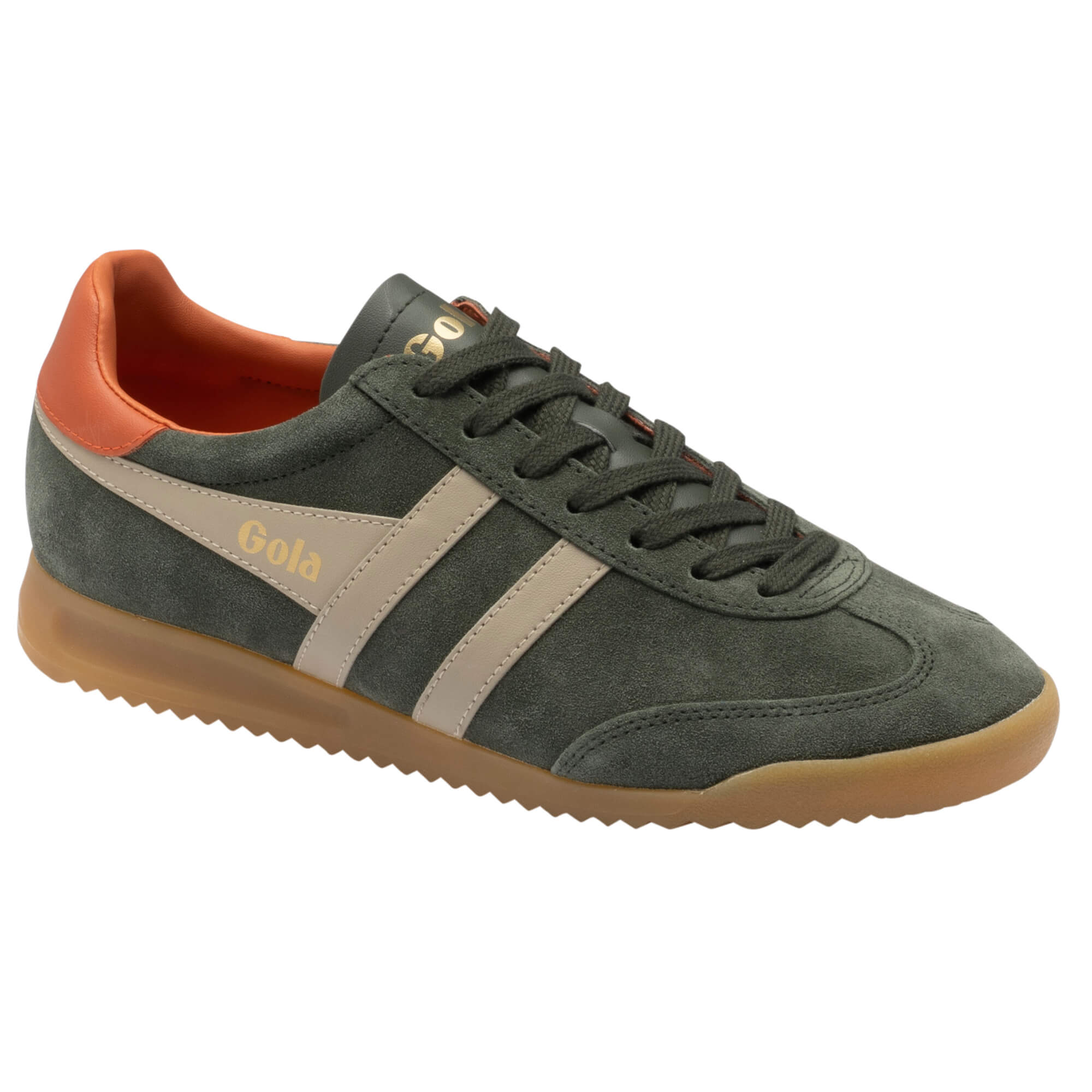 Gola Harrier suede trainers in dark green with beige stripes and an orange heel tab