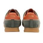 Pair of Gola trainers in green suede with orange heel tabs and gum soles, rear view