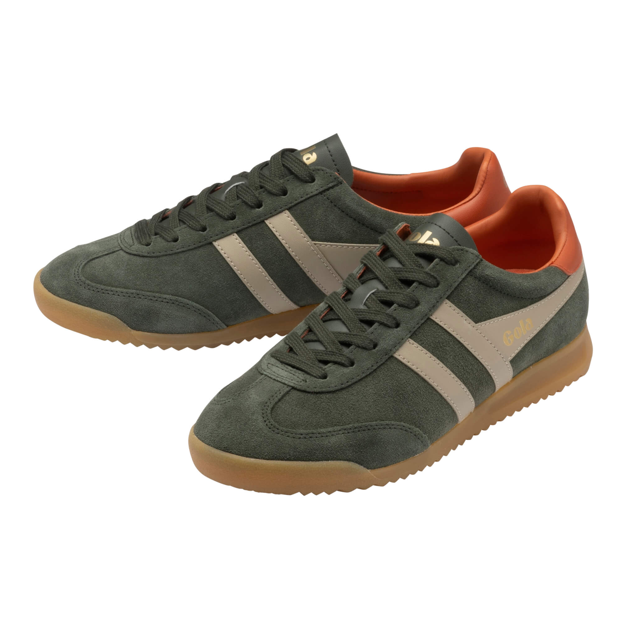 Pair of Gola Harrier trainers in dark green suede with beige stripes and orange lining