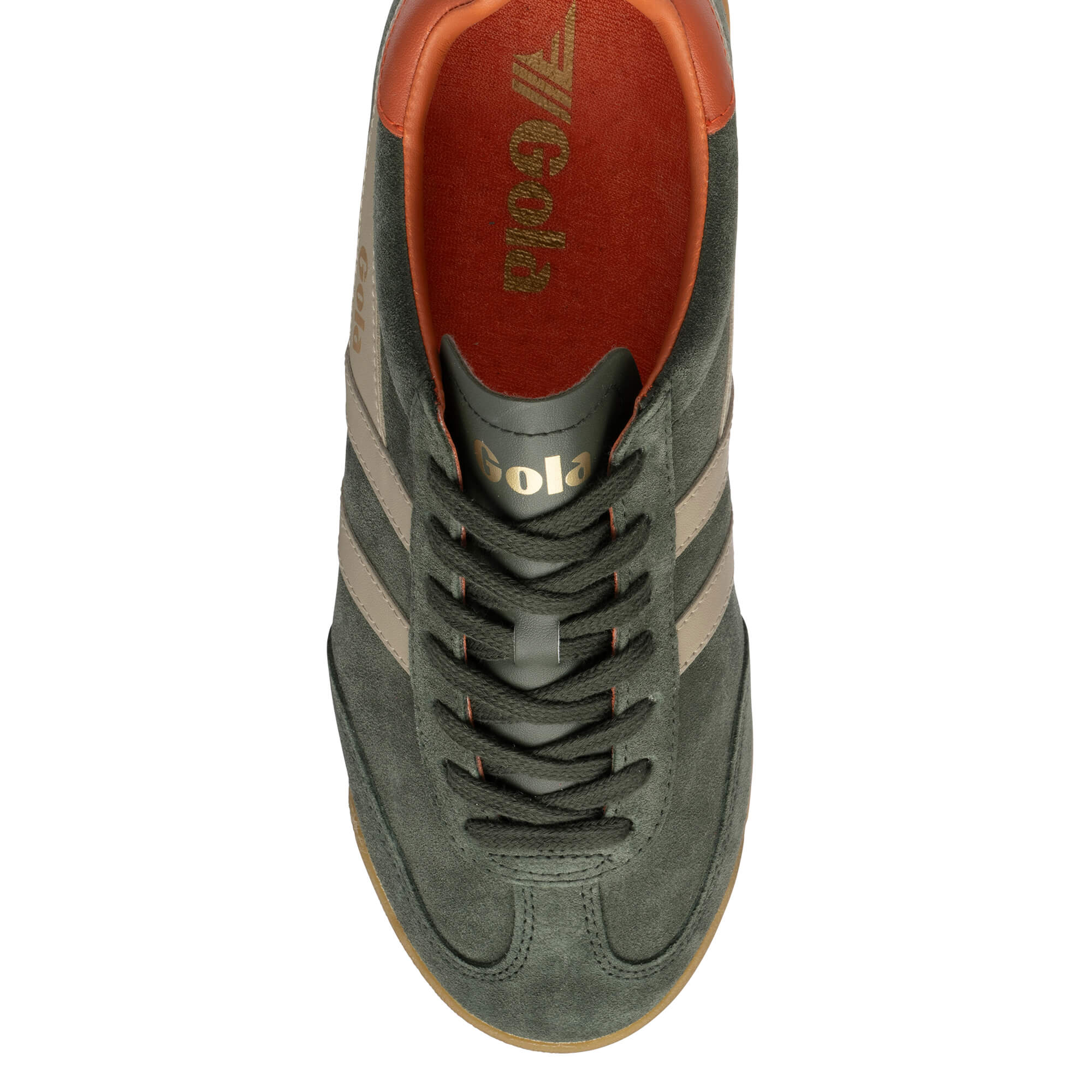 Gola Harrier suede trainers in dark green with beige stripes and orange lining