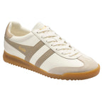 Gola women's trainer in off-white with beige stripes and a gum sole