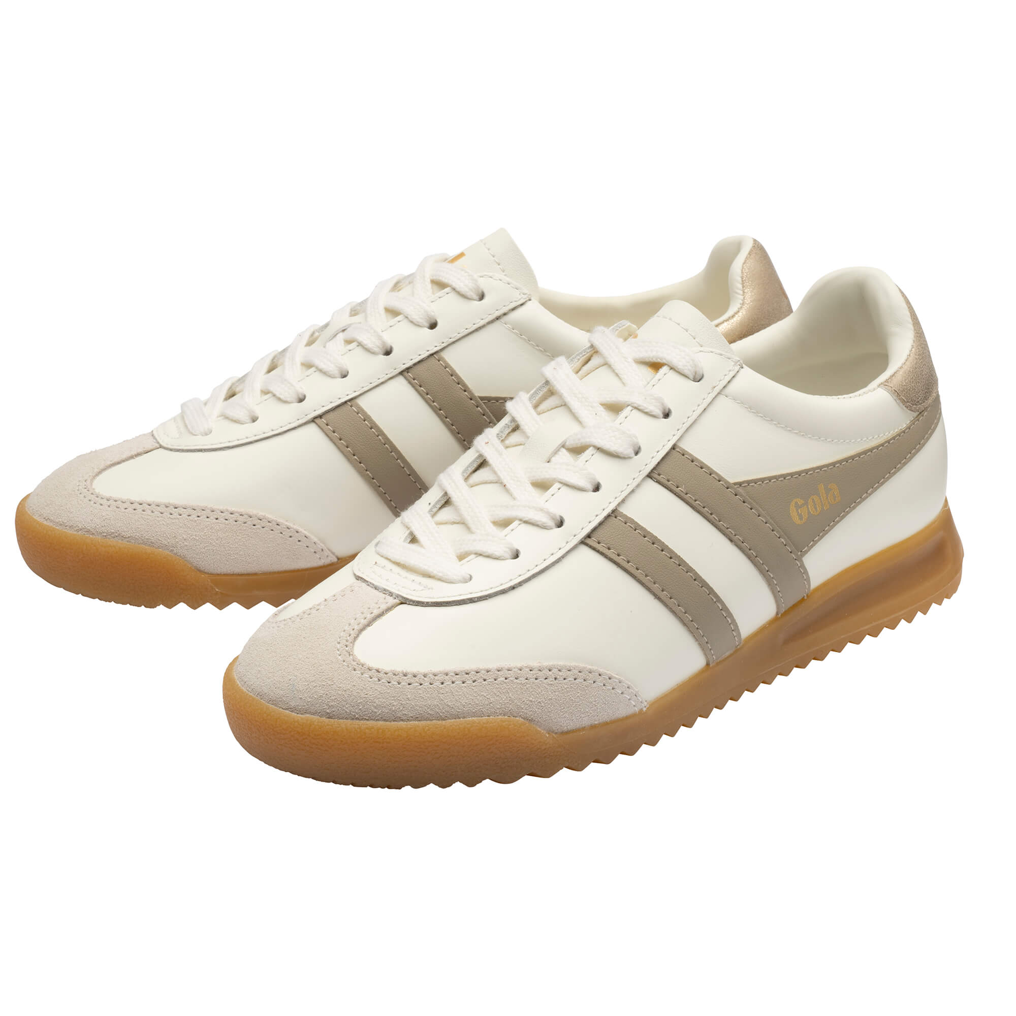 Pair of Gola trainers in off-white with beige stripes and gum soles