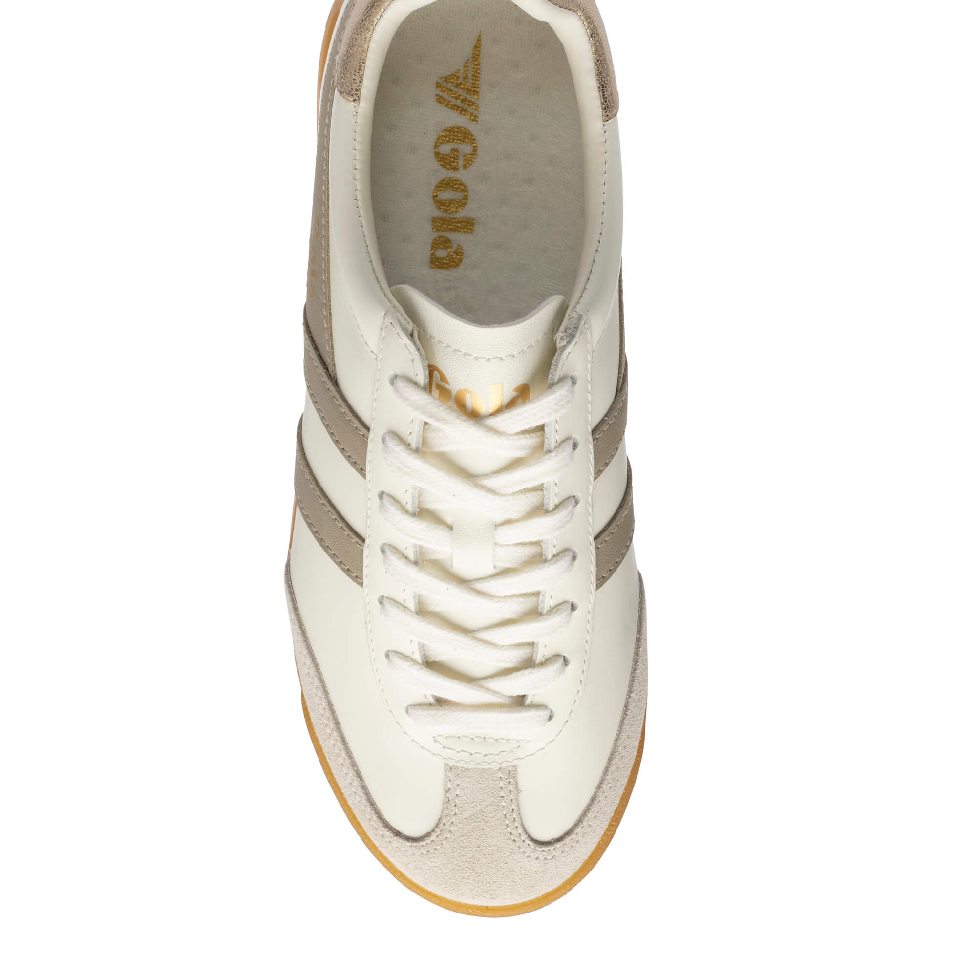Gola Harrier trainer in off-white and taupe with gold branding