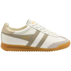 White and gold Gola trainer with a gum sole