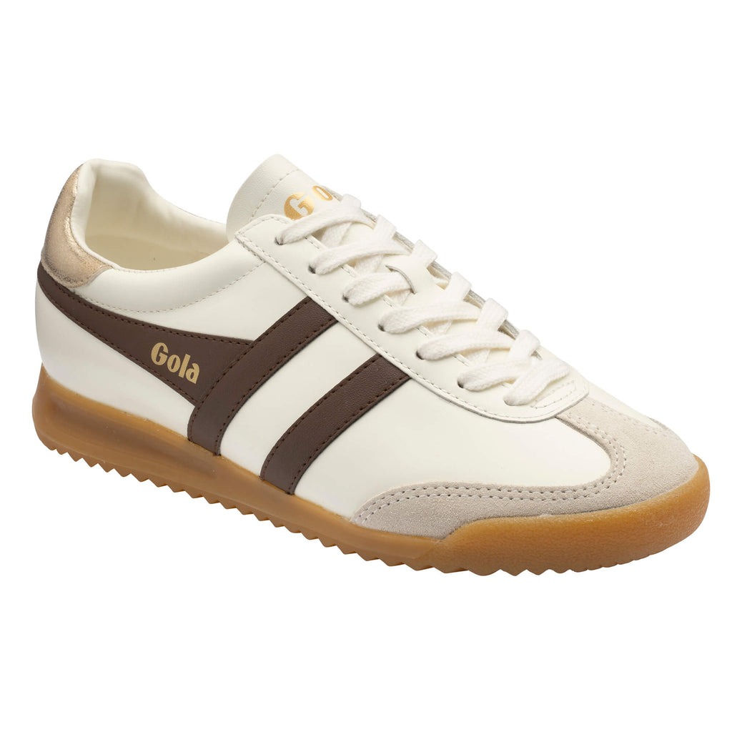 Gola Harrier trainers in off-white with brown stripes and a gum sole
