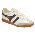 Gola Harrier trainers in off-white with brown stripes and a gum sole