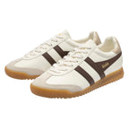Pair of Gola trainers in off-white with brown stripes and a gum sole