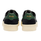 Pair of black Gola trainers with green heel tabs and cream soles, rear view