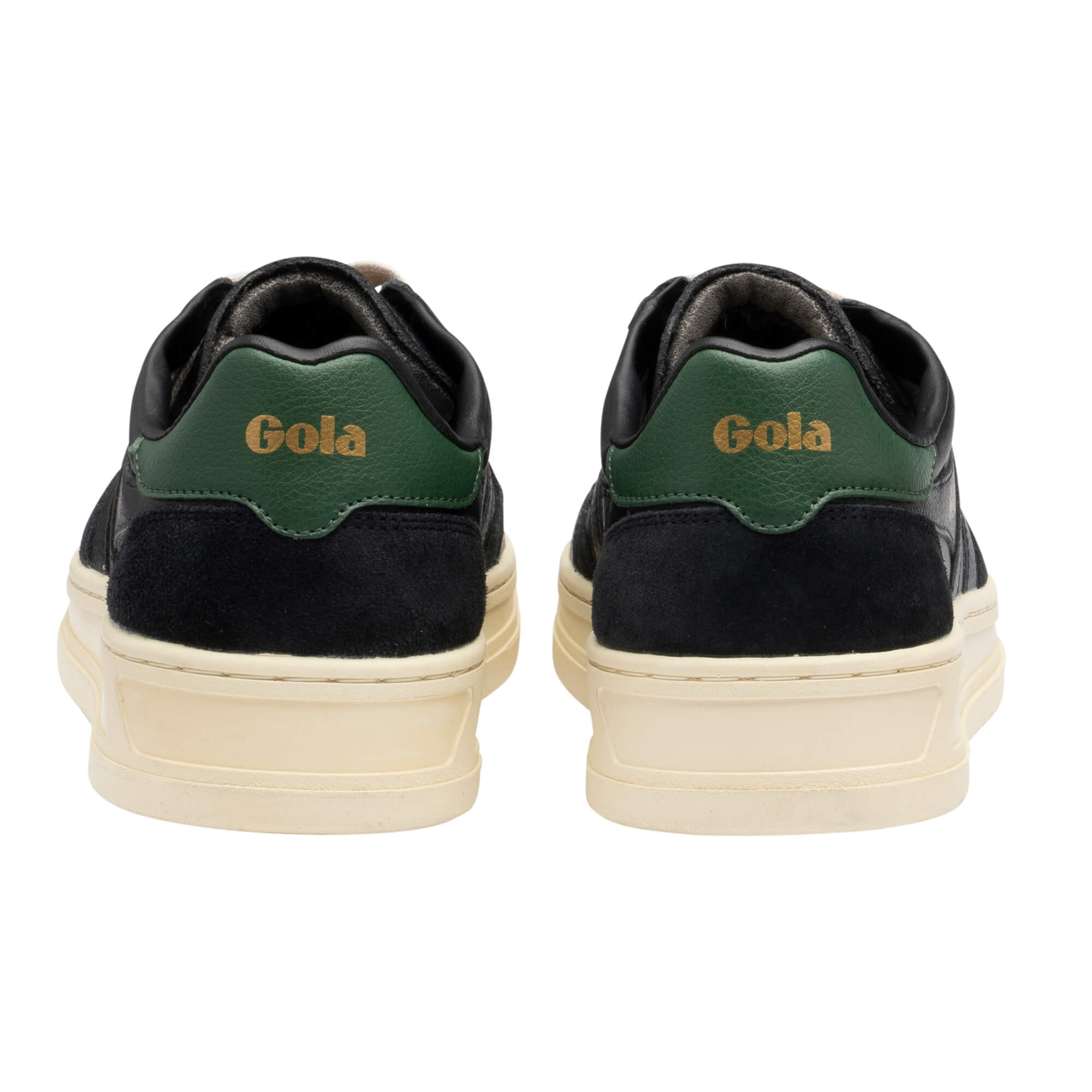 Pair of black Gola trainers with green heel tabs and cream soles, rear view
