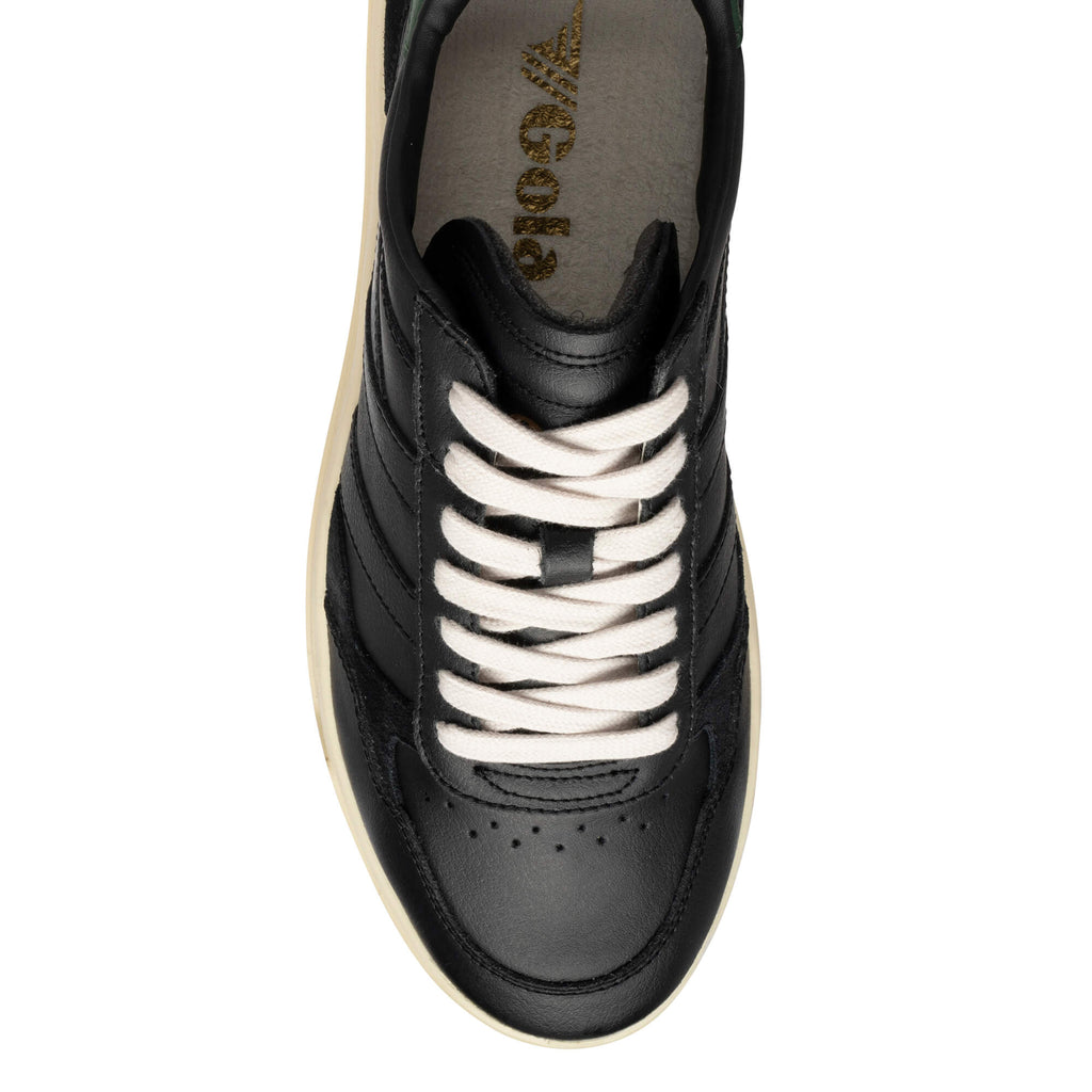 Black Gola trainer with cream laces and sole, top-down view