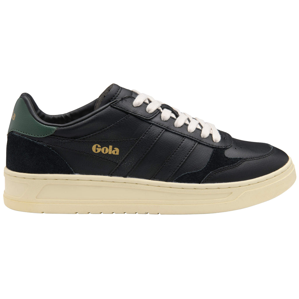 Gola men's low-top trainers in black with green heel tab, white laces, and cream sole