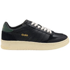 Gola men's low-top trainers in black with green heel tab, white laces, and cream sole