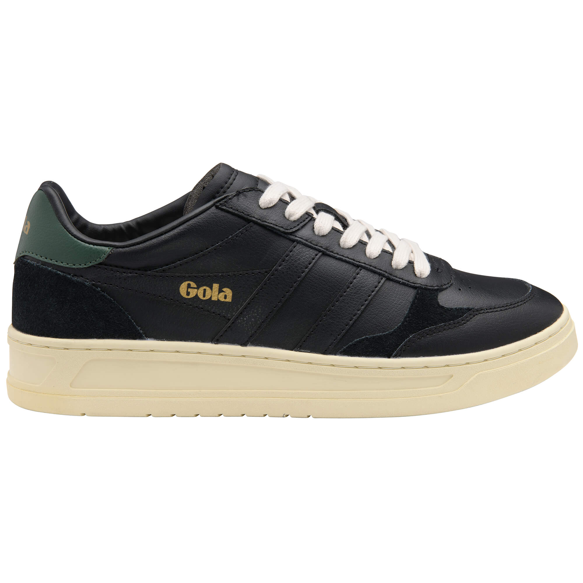 Gola men's low-top trainers in black with green heel tab, white laces, and cream sole