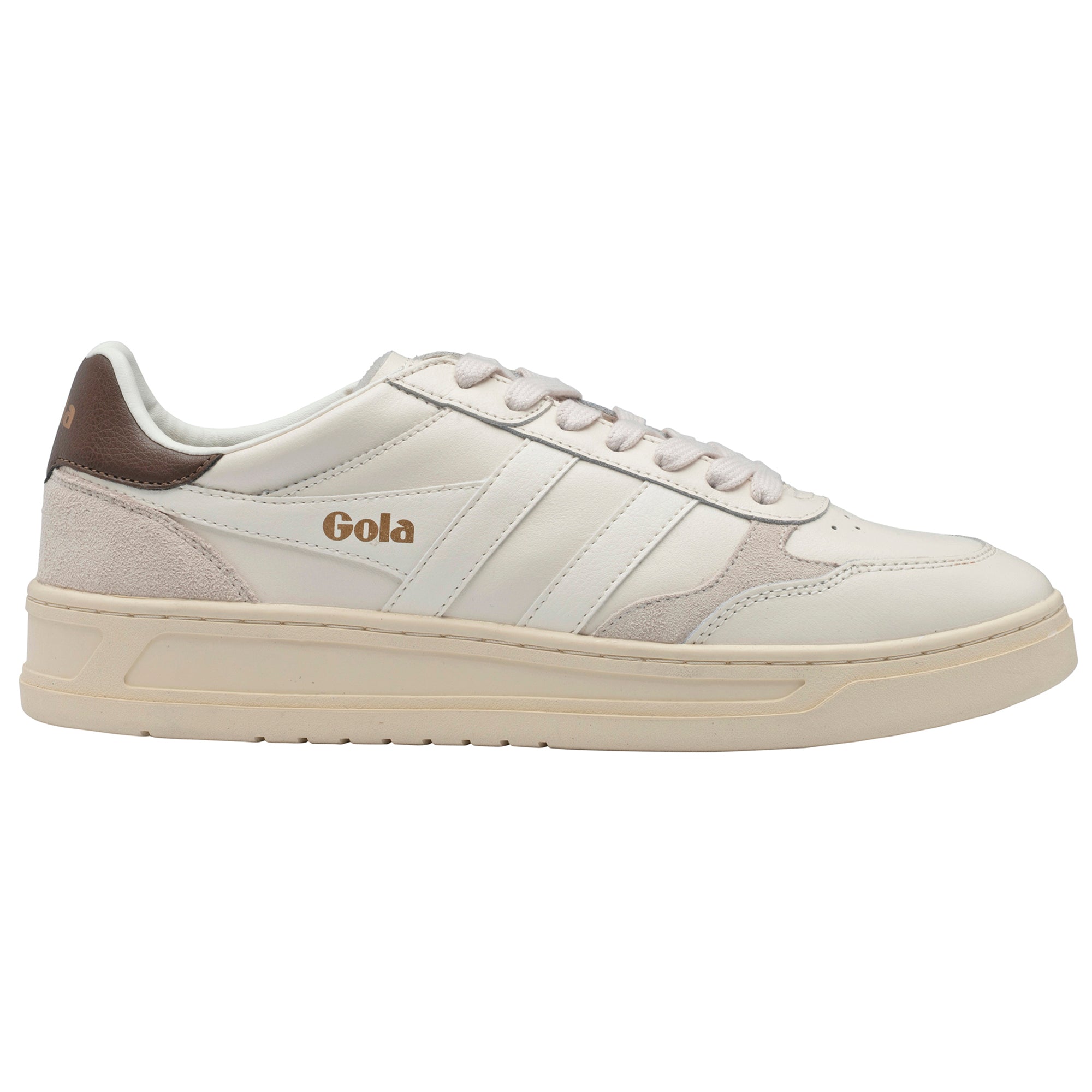 Cream Gola trainer with brown heel tab and suede detailing
