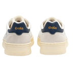Rear view of two white Gola trainers with navy heel tabs and gold Gola branding