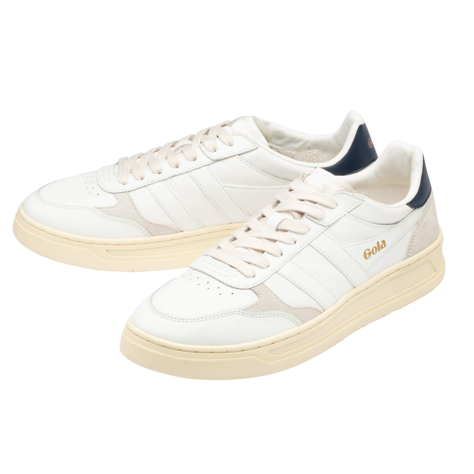 Pair of white Gola trainers with cream soles and navy heel accents