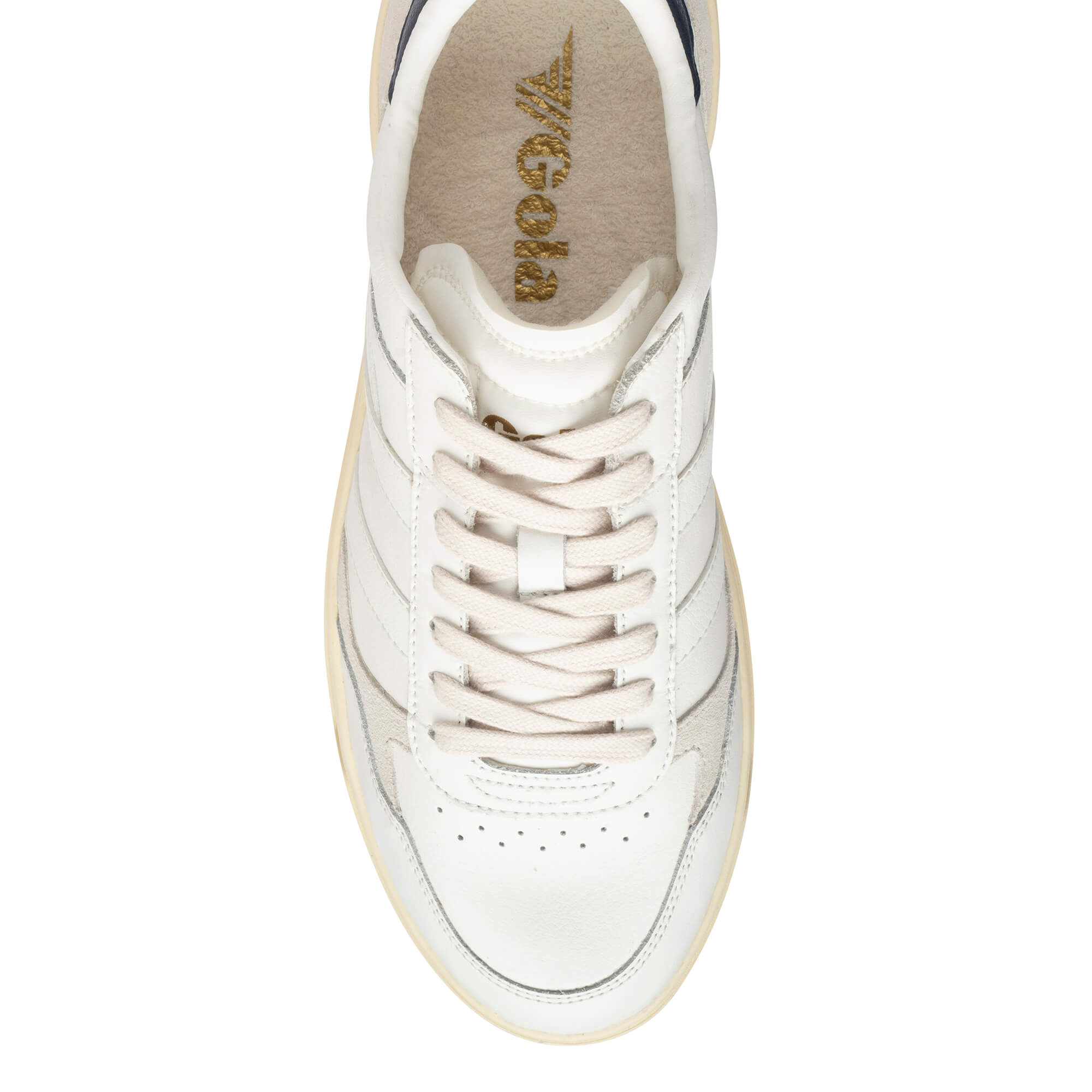 Overhead view of a white Gola trainer with cream laces and a gold Gola logo on the insole