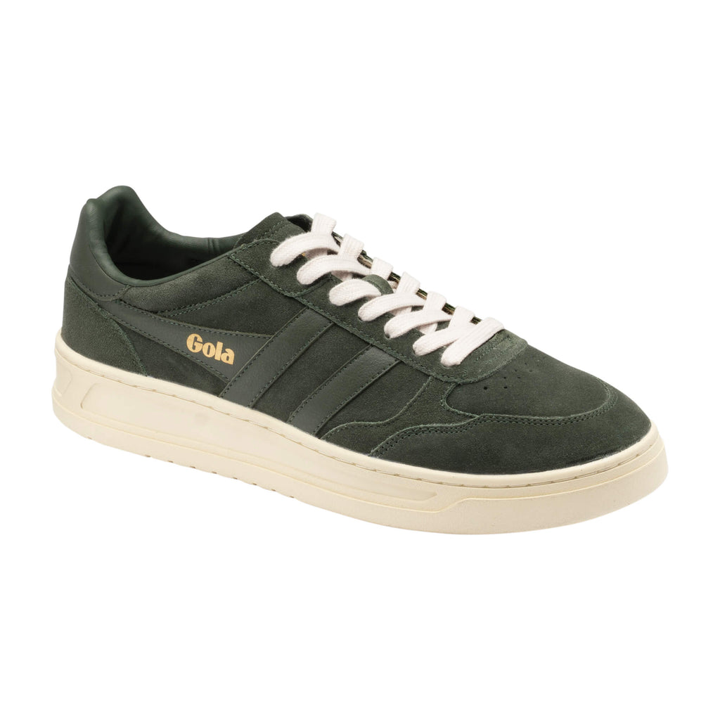 Gola men's trainer in dark green suede with cream sole and white laces