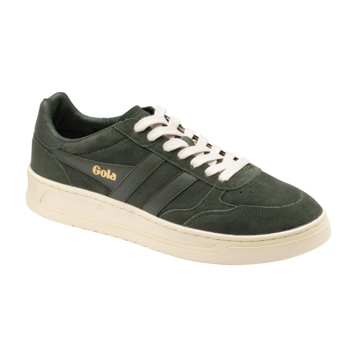 Gola men's trainer in dark green suede with cream sole and white laces