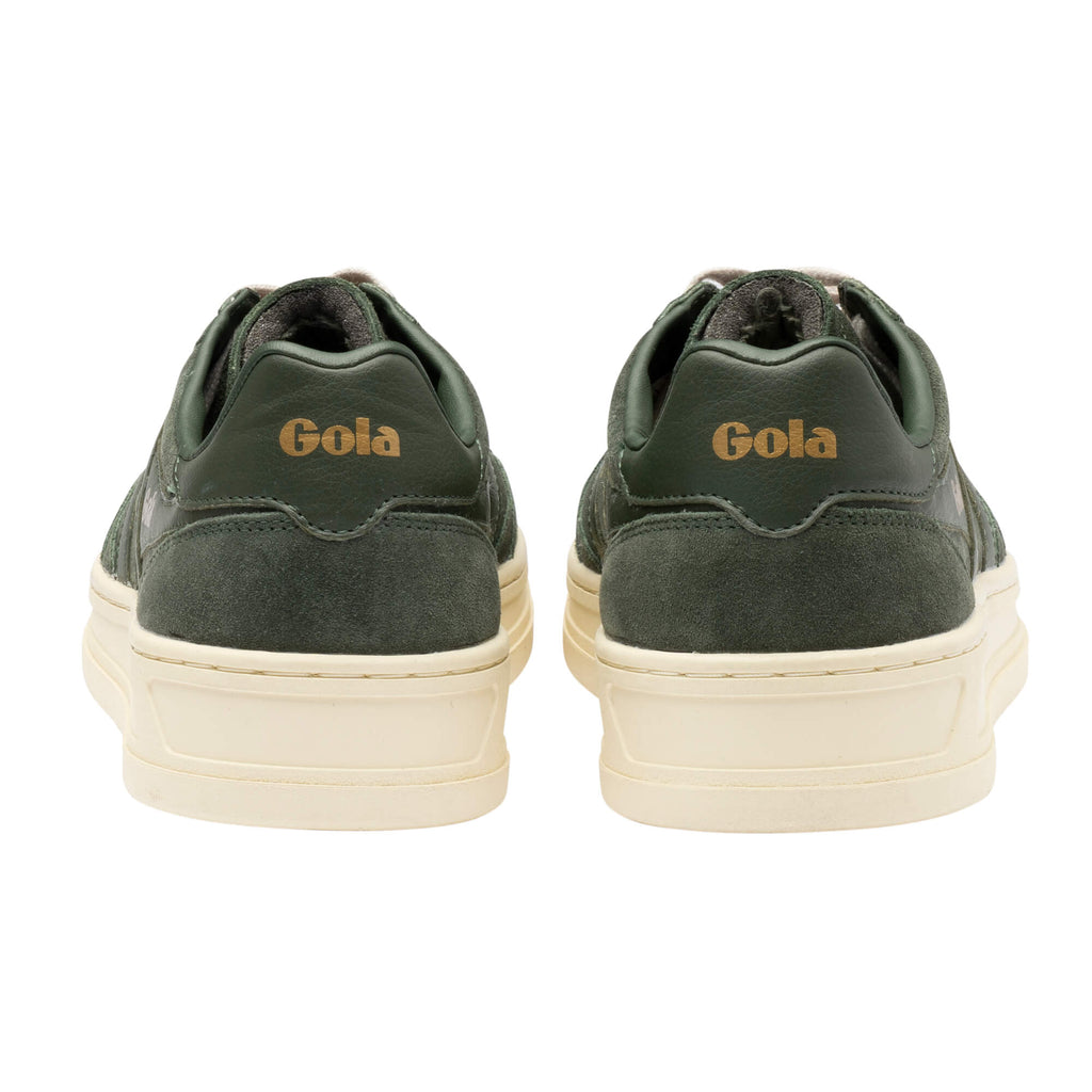 Pair of Gola trainers in dark green with cream soles, rear view