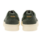 Pair of Gola trainers in dark green with cream soles, rear view