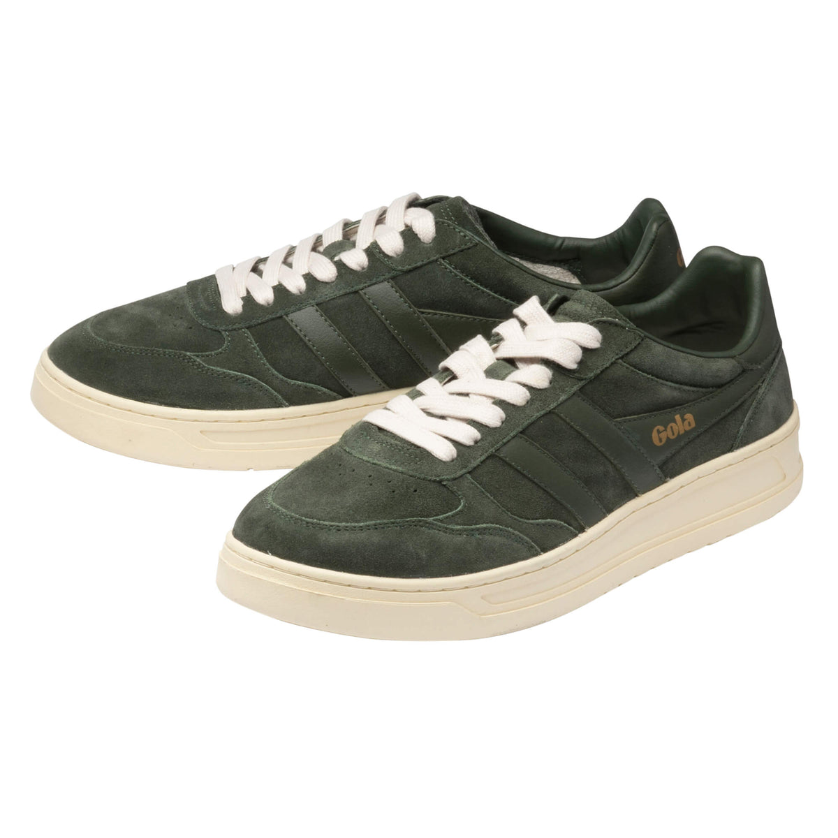 Pair of Gola trainers in dark green suede with cream laces and soles