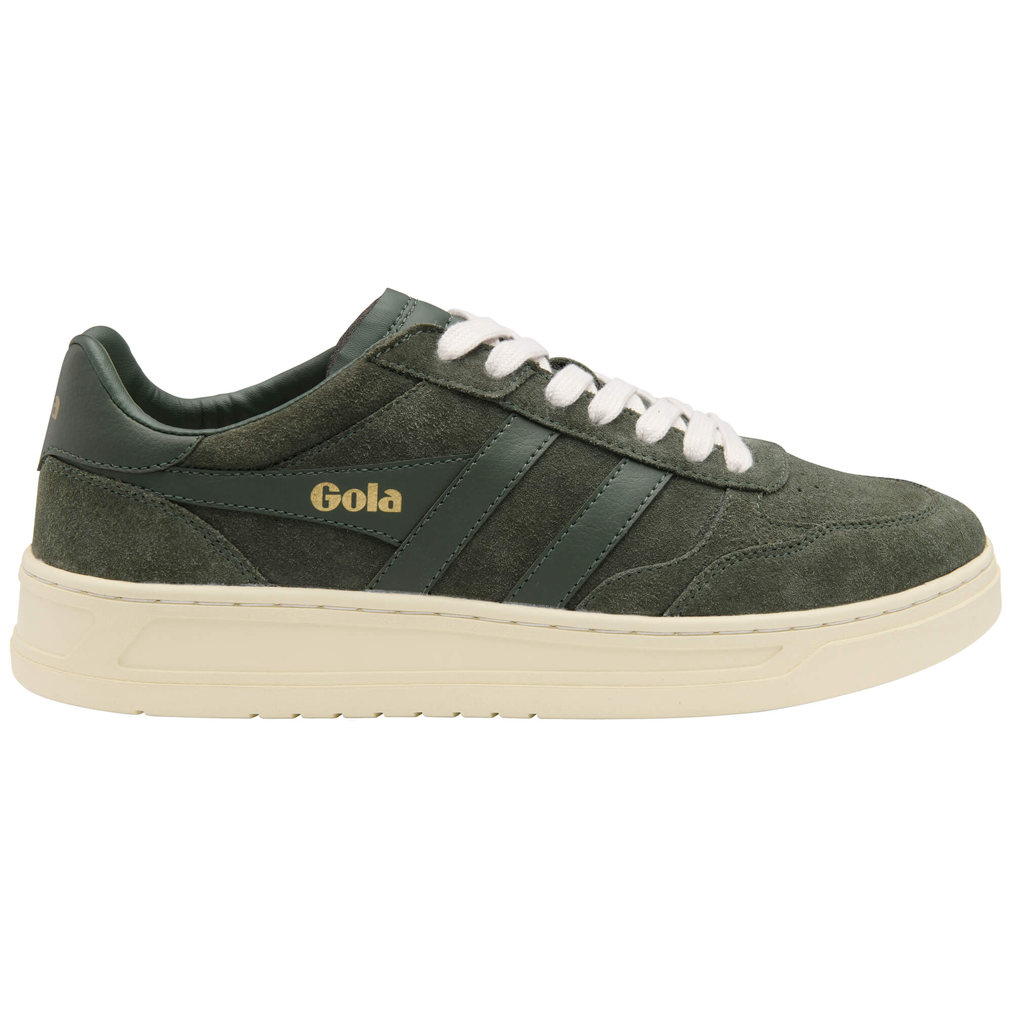 Gola men's low-top trainers in dark green suede with white laces and cream sole
