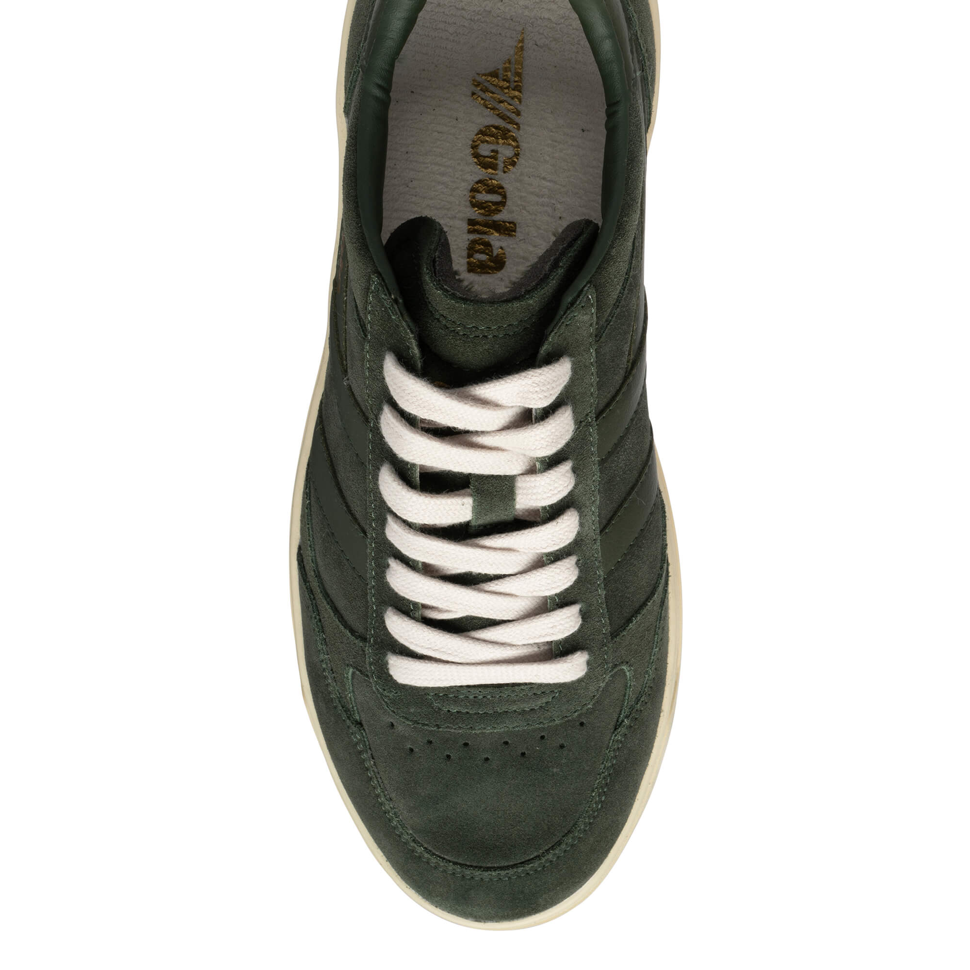 Top-down view of a dark green Gola trainer with cream laces and sole