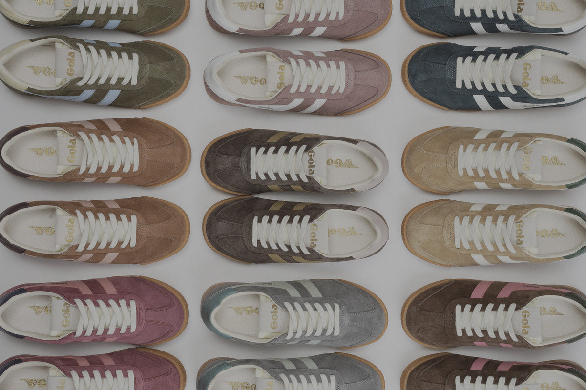 Grid of various Gola trainers in different colours and suede textures