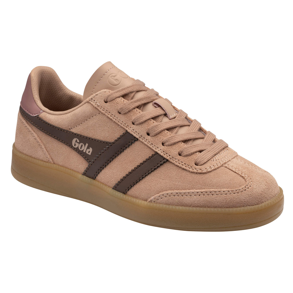 Gola women's trainer in blush pink suede with brown stripes and a gum sole