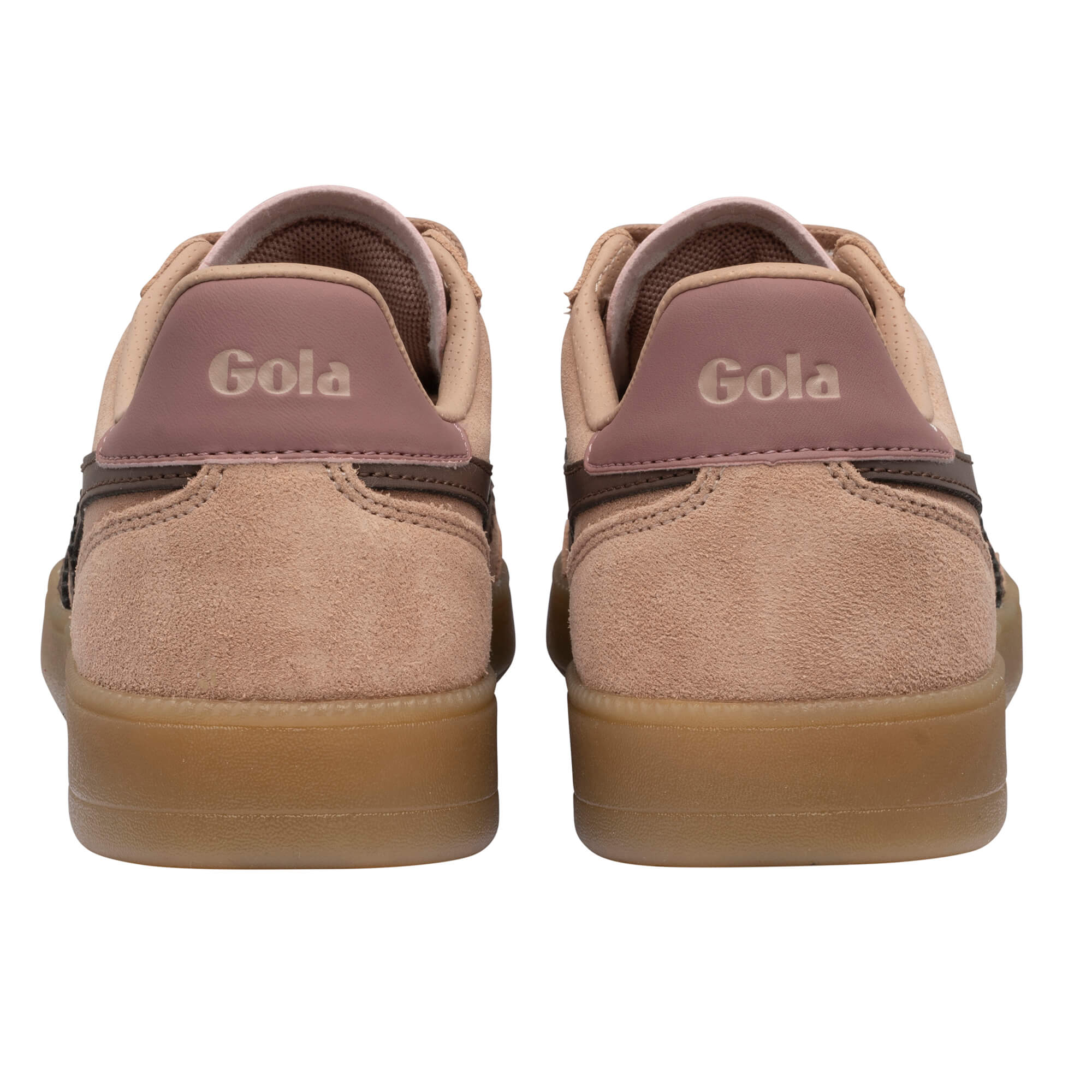 Rear view of two Gola trainers in pink and brown with gum soles
