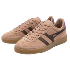 Pair of Gola Elan trainers in blush pink suede with brown stripes and gum sole