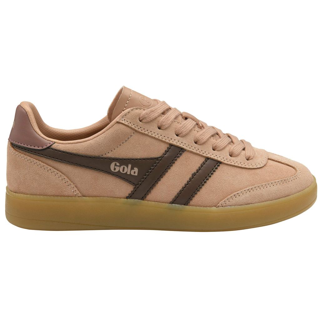 Gola men's trainer in tan suede with brown stripes and a gum sole