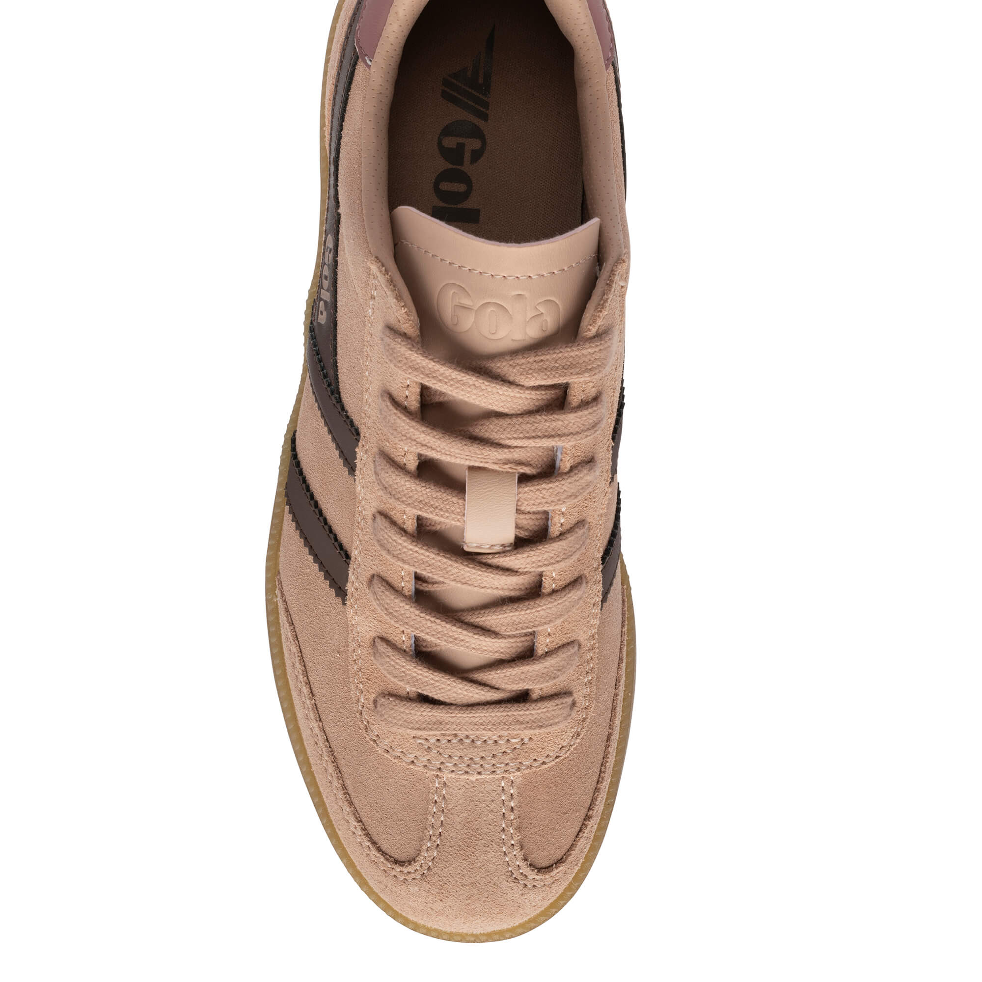 Top down view of a Gola trainer in light brown suede with dark brown stripes and laces
