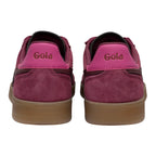 Pair of Gola trainers, back view. Burgundy suede with pink heel tab and Gola logo. Brown rubber sole