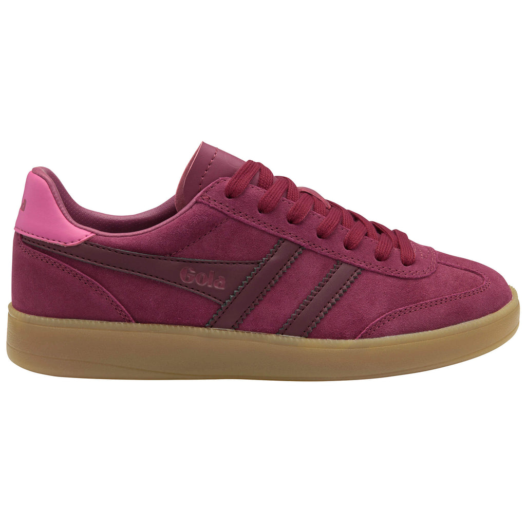 Gola women's trainer in burgundy suede with pink heel tab and gum sole