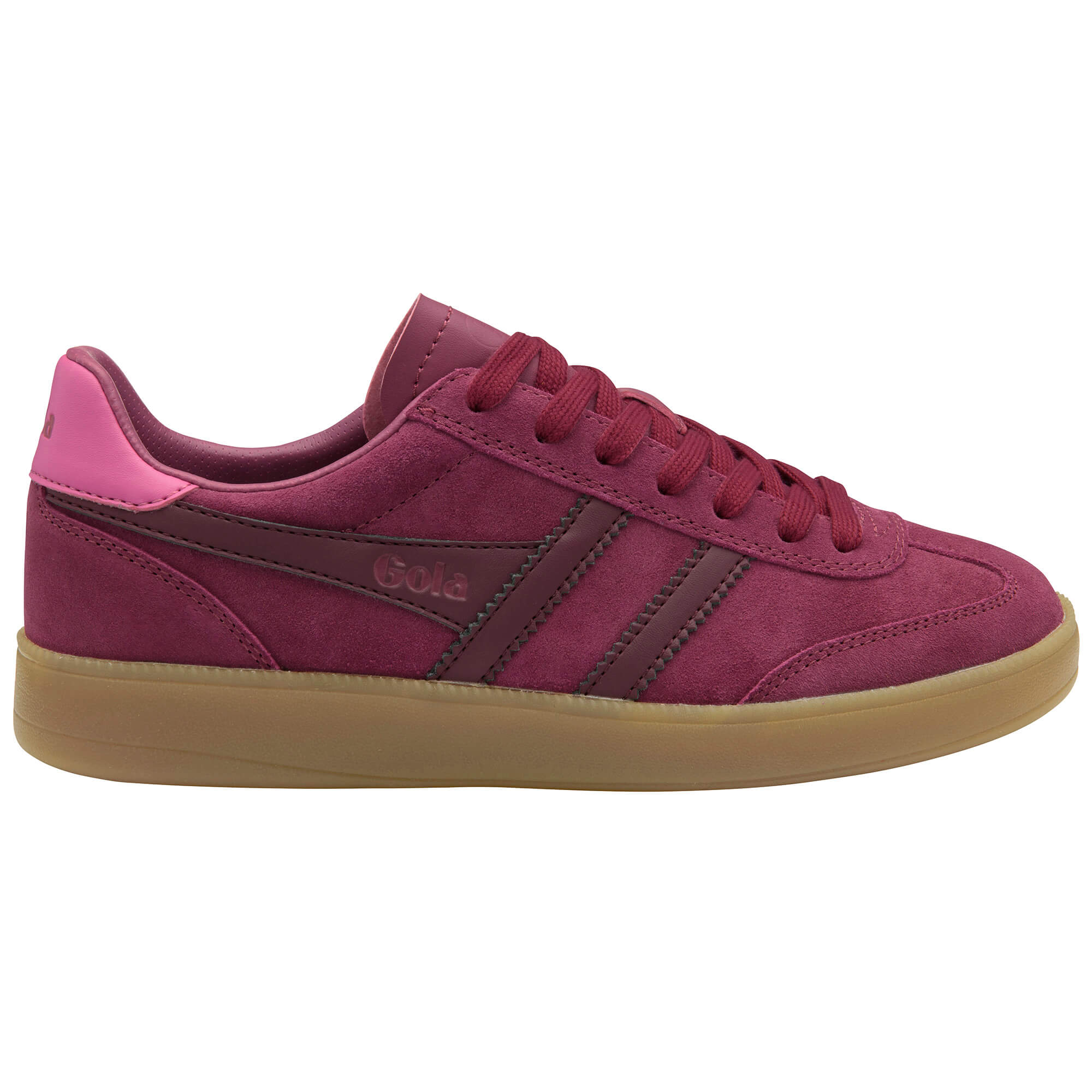 Gola women's trainer in burgundy suede with pink heel tab and gum sole
