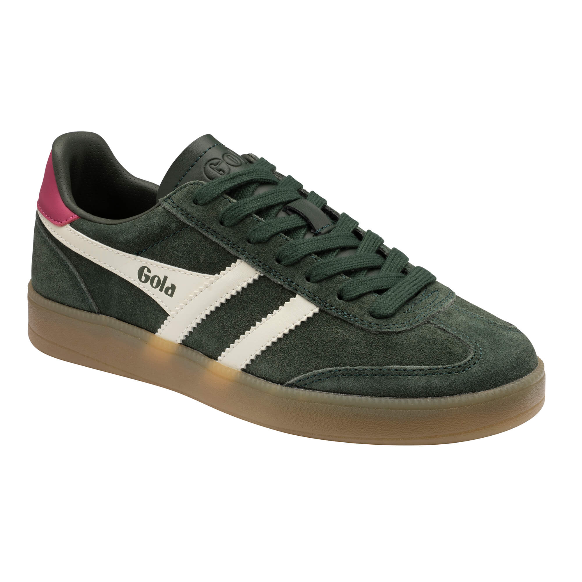 Gola men's trainer in dark green suede with white stripes and a pink heel tab