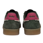 Pair of Gola trainers, dark green suede with pink heel tab and white stripe, brown gum sole, rear view