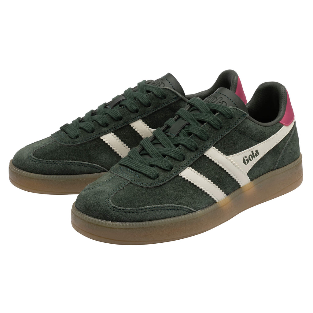 Pair of Gola Harrier trainers in dark green suede with white stripes and a brown sole