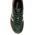 Gola Harrier suede trainers in dark green with white stripes and a gum sole