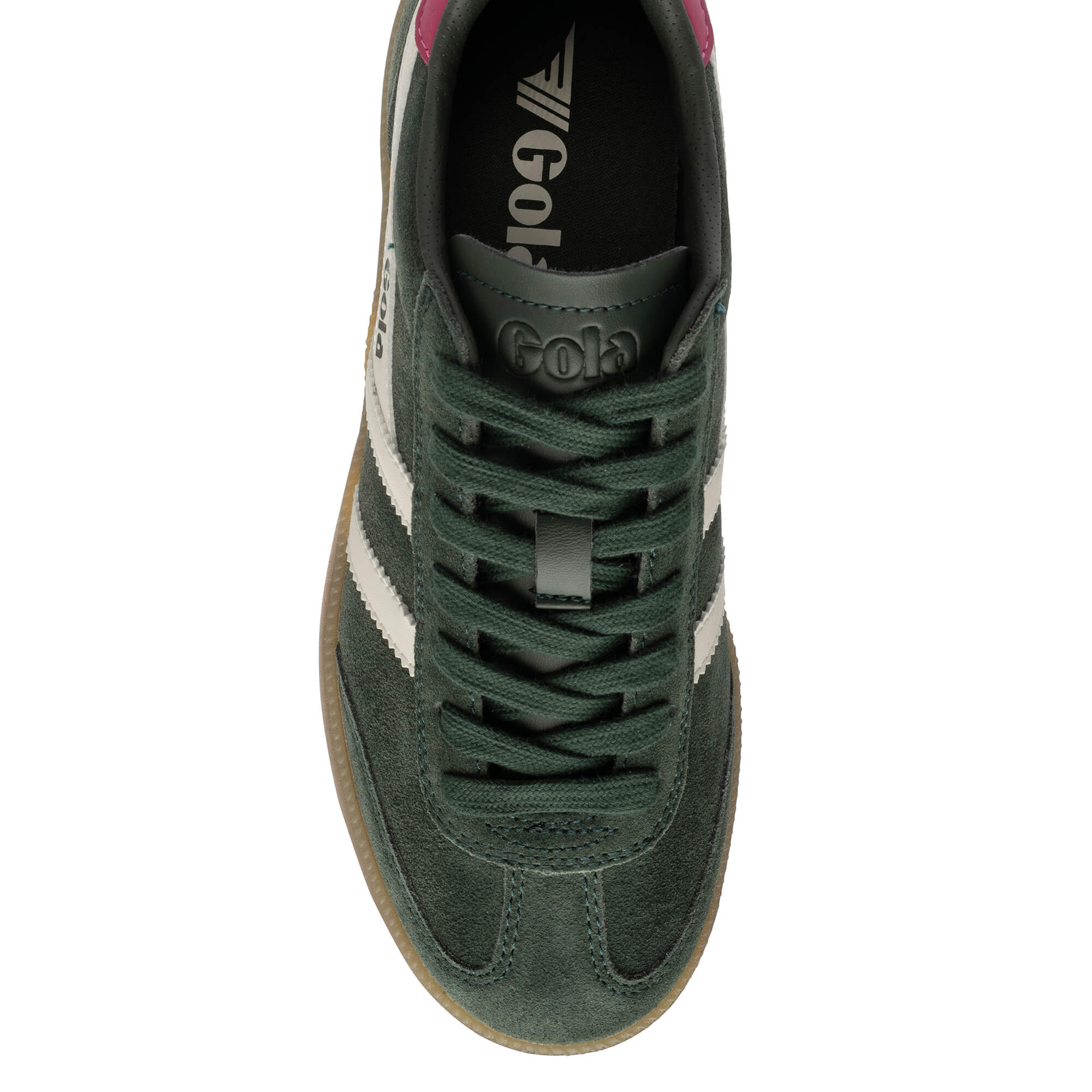 Gola Harrier suede trainers in dark green with white stripes and a gum sole